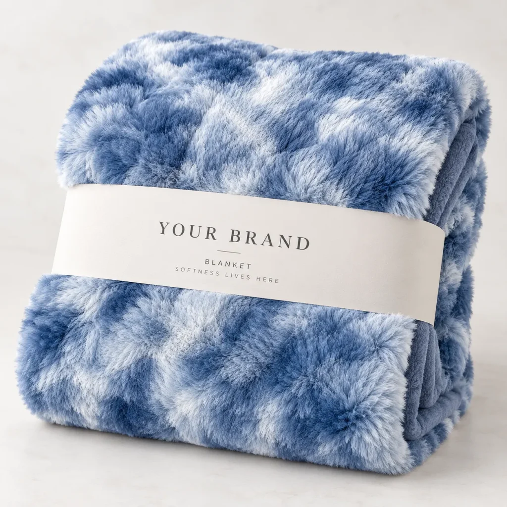 Neatly folded blue tie dye flannel fleece blanket wrapped with a cream paper waistband