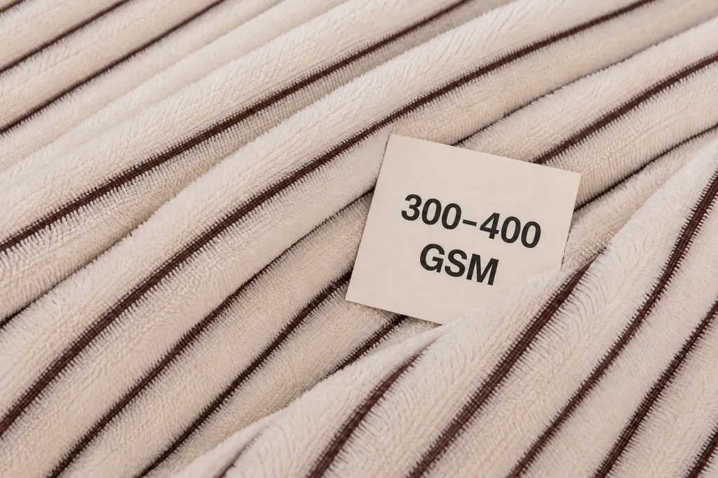 Ribbed Flannel Fleece Blanket, gsm fabric tag showing thick high‑quality material