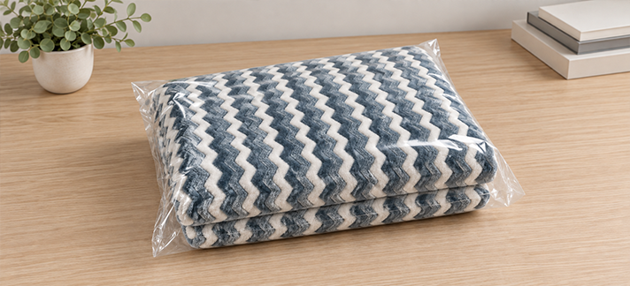 Jacquard Flannel Fleece Blanket folded in plastic package, chevron stripe pattern, soft cozy home throw blanket