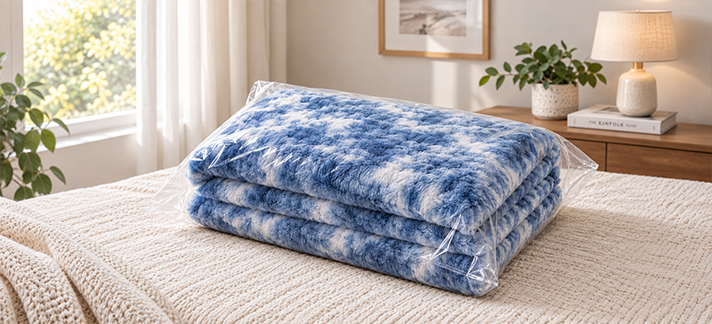 Tie dye fleece blanket sealed in clear plastic packaging placed on a bed in a bright bedroom