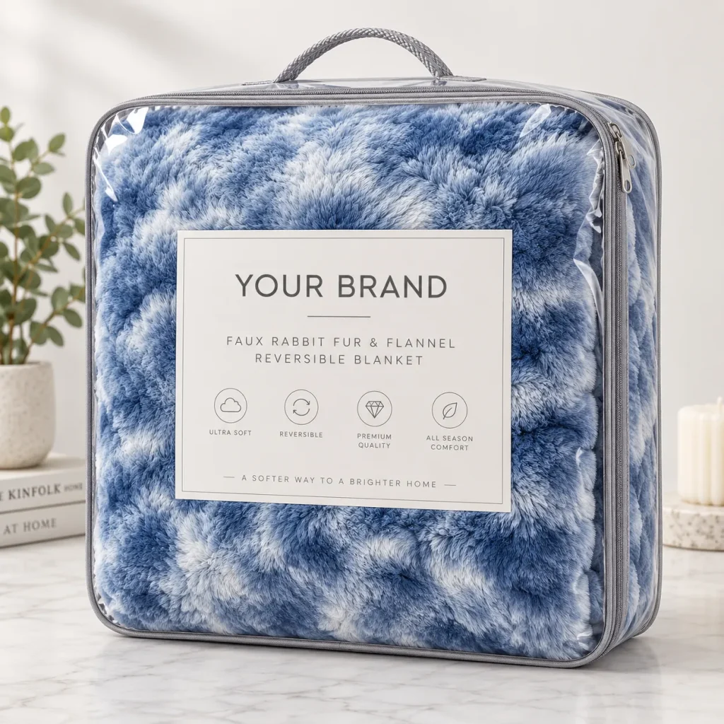 Ultra soft faux rabbit fur reversible flannel blanket packed in a clear zip gift tote with handles