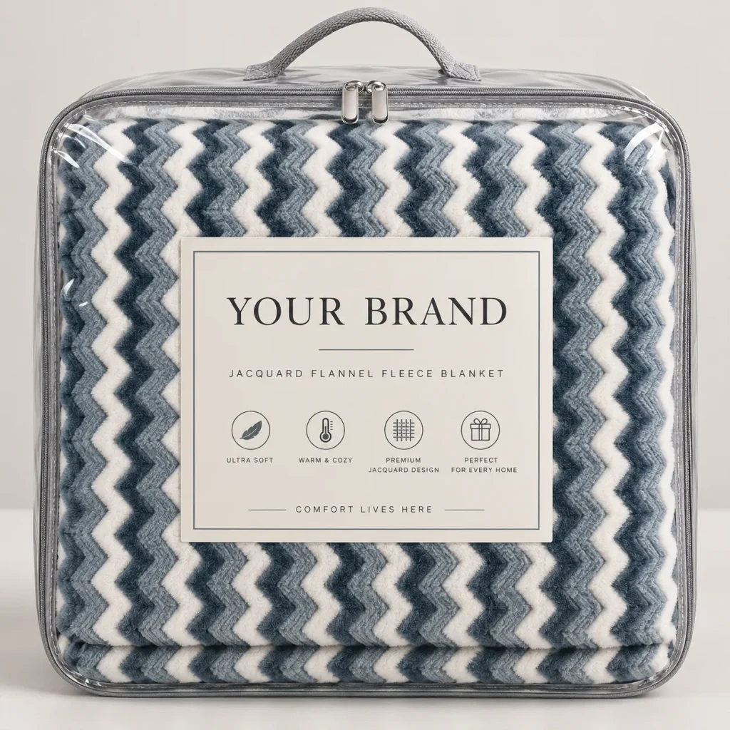 Jacquard Flannel Fleece Blanket in clear PVC carry bag, retail gift packing
