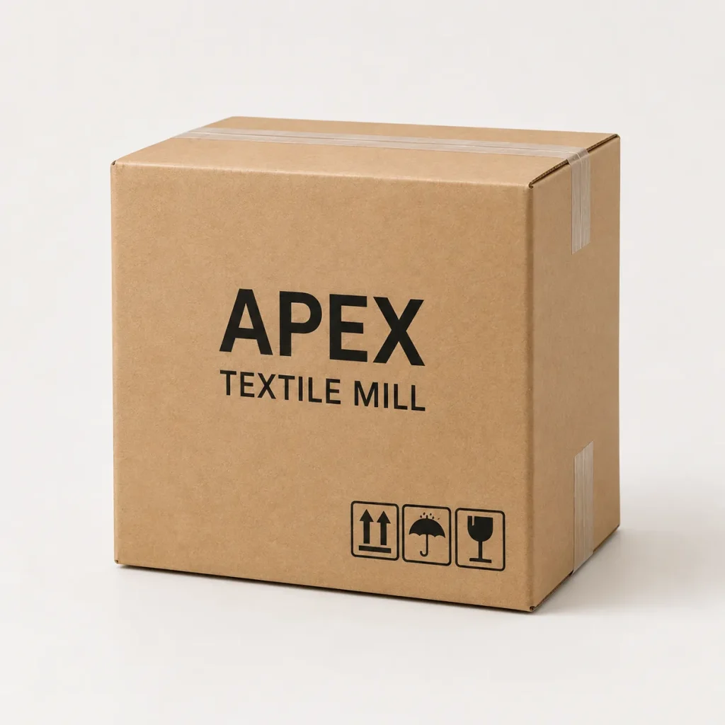 Kraft shipping carton for the tie dye fleece blanket sealed with packing tape and logistics icons