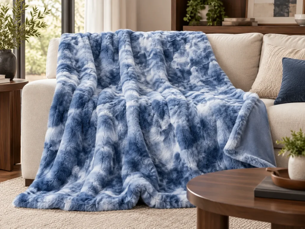 Blue and white tie dye faux rabbit fur fleece blanket draped over a beige sofa in a bright cozy living room