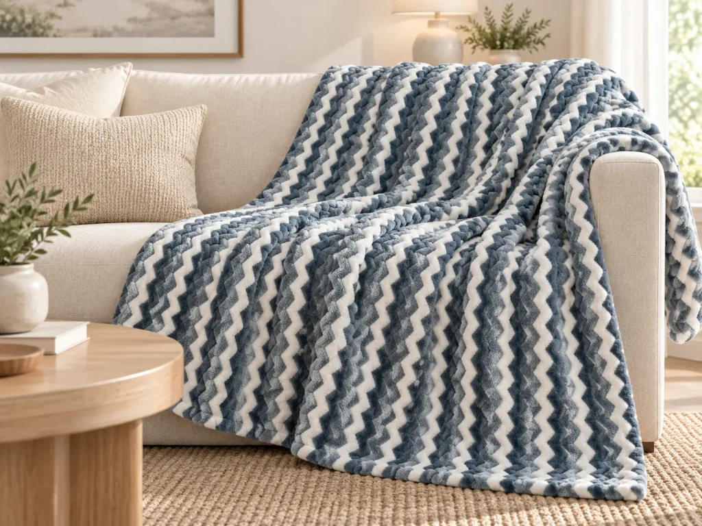 Jacquard Flannel Fleece Blanket draped on sofa, blue chevron pattern home decor throw