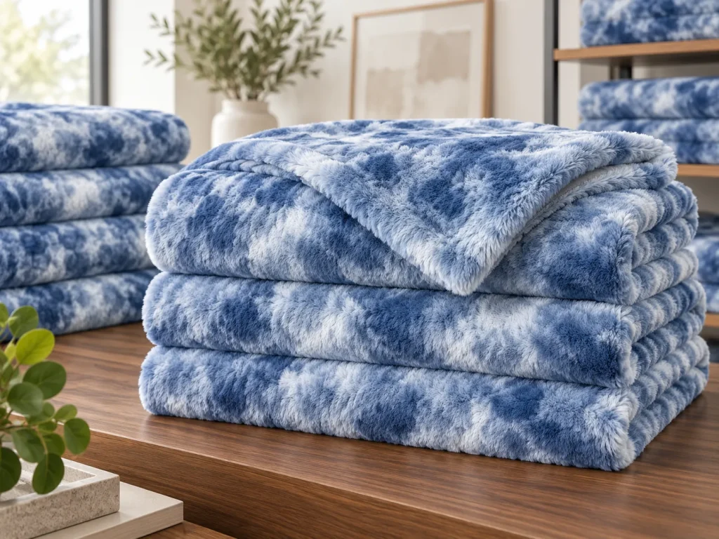 Stack of blue and white tie dye fleece blankets displayed on a wooden table in a cozy home setting