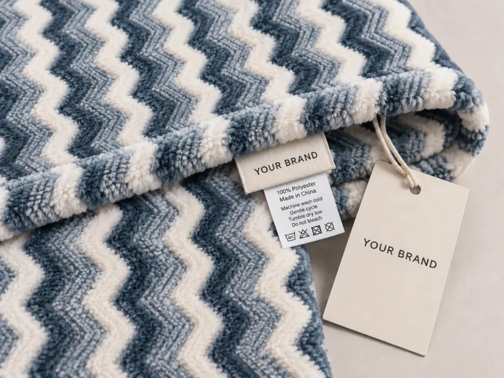 Jacquard Flannel Fleece Blanket woven label and hang tag detail shot