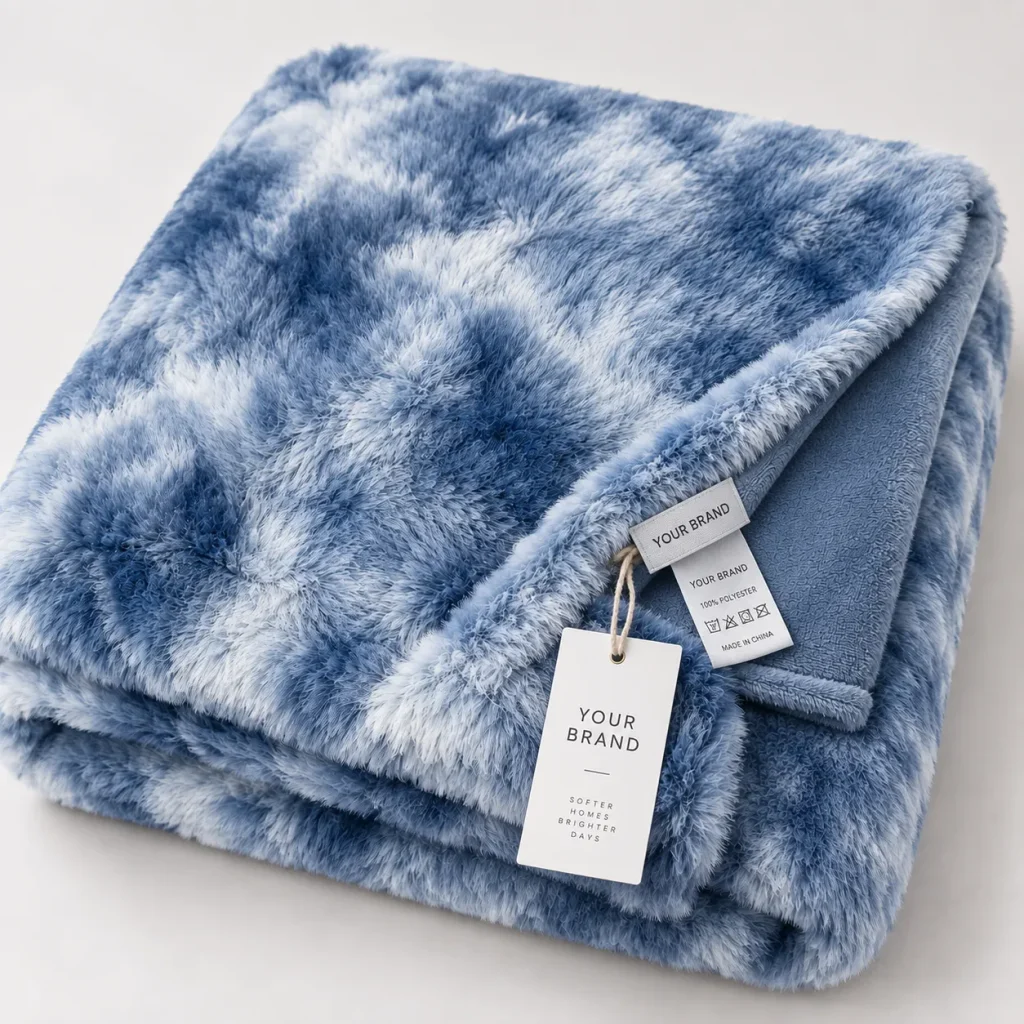 Folded tie dye faux rabbit fur flannel blanket with brand tag and 100% polyester care label on white background