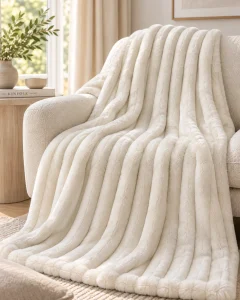 Cream white vertical striped faux rabbit fur throw blanket for sofa home decor