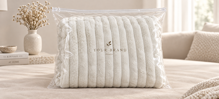 Ribbed faux rabbit fur blanket, clear pvc zipper bag packaging, retail home blanket