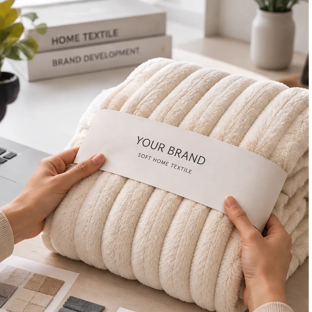 Ribbed faux rabbit fur blanket, custom paper band branding, private label soft throw blanket