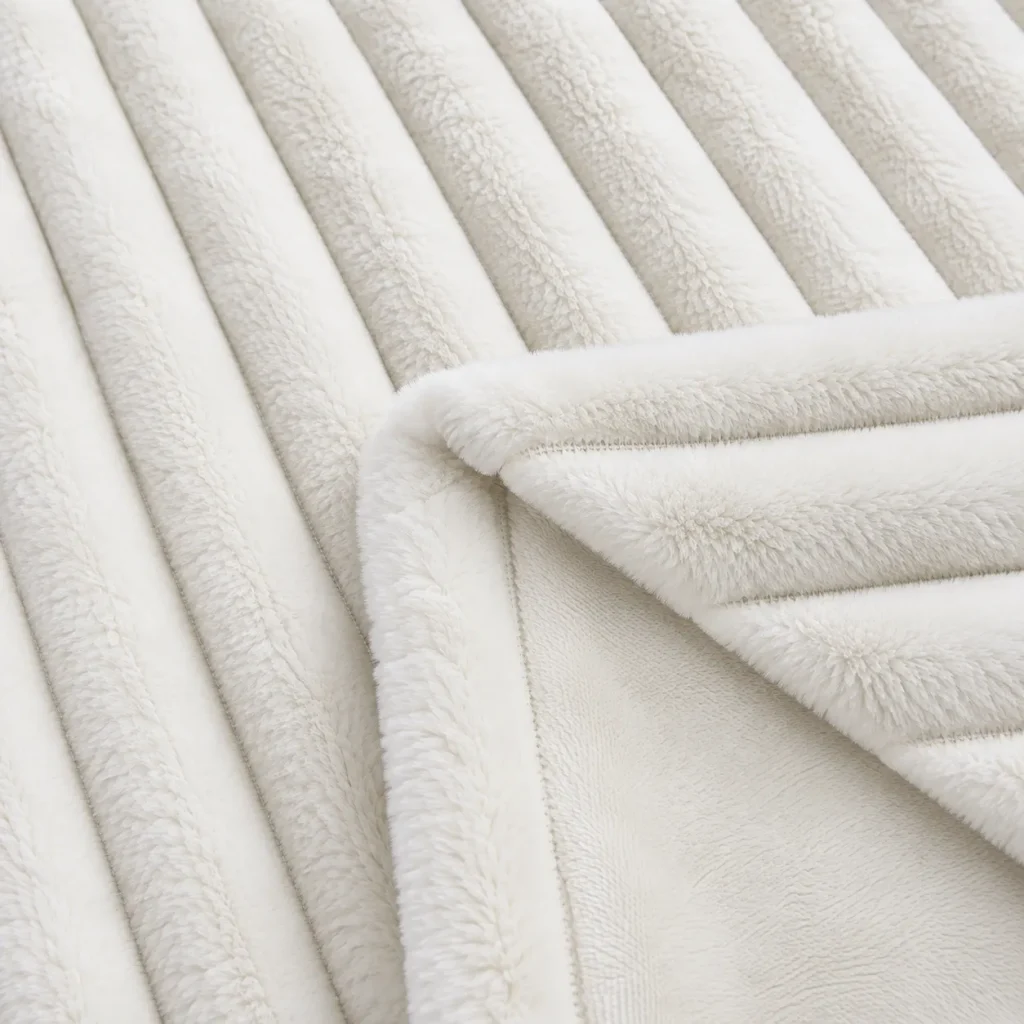Ribbed faux rabbit fur blanket, fabric stitching close‑up, soft textured plush throw blanket