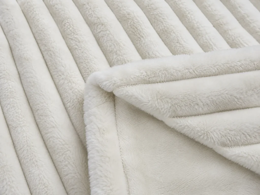 Ribbed faux rabbit fur blanket, fabric stitching close‑up, soft textured plush throw blanket