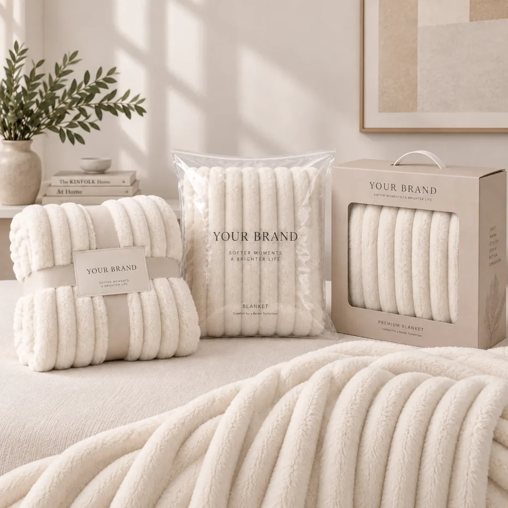 Ribbed faux rabbit fur blanket, folded blanket with gift packaging, premium home throw blanket