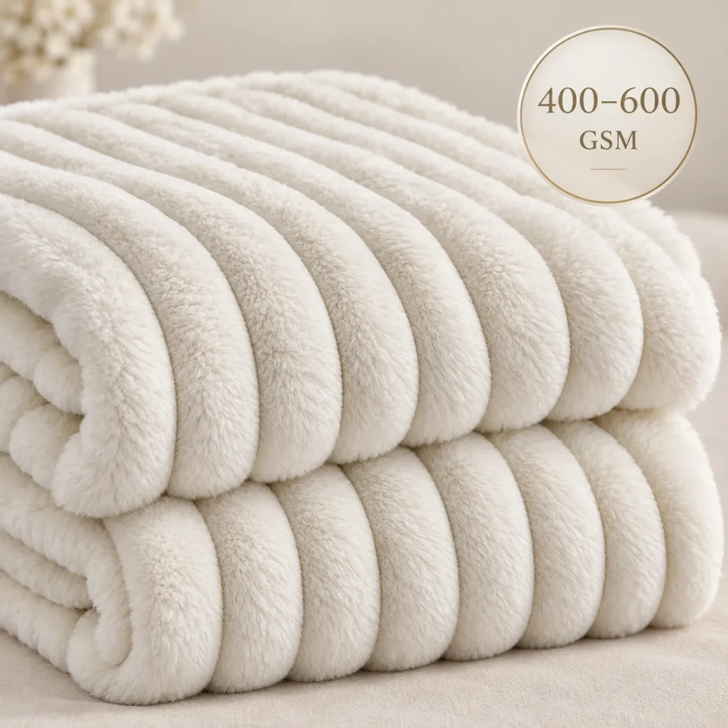 Ribbed faux rabbit fur blanket, gsm weight specification, thick warm plush blanket
