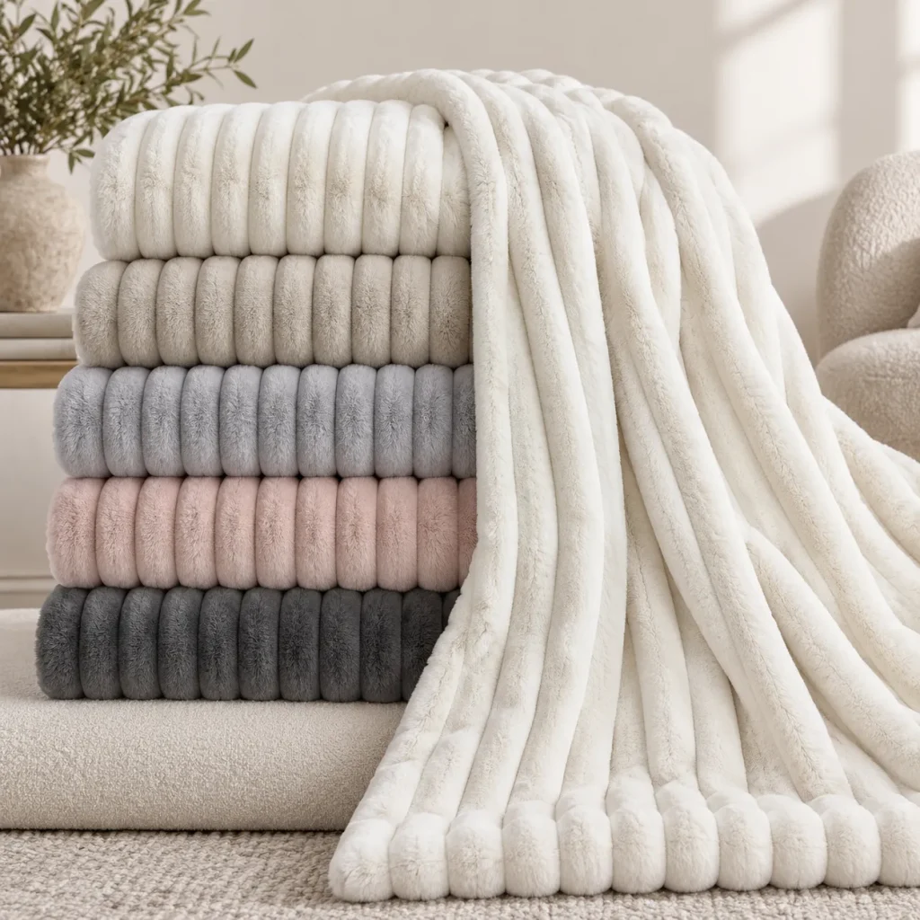 Ribbed faux rabbit fur blanket, multi‑color collection, decorative sofa throw blanket