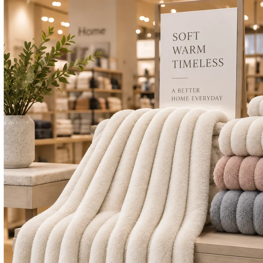 Ribbed faux rabbit fur blanket, retail store shelf display, multi‑color home plush blanket