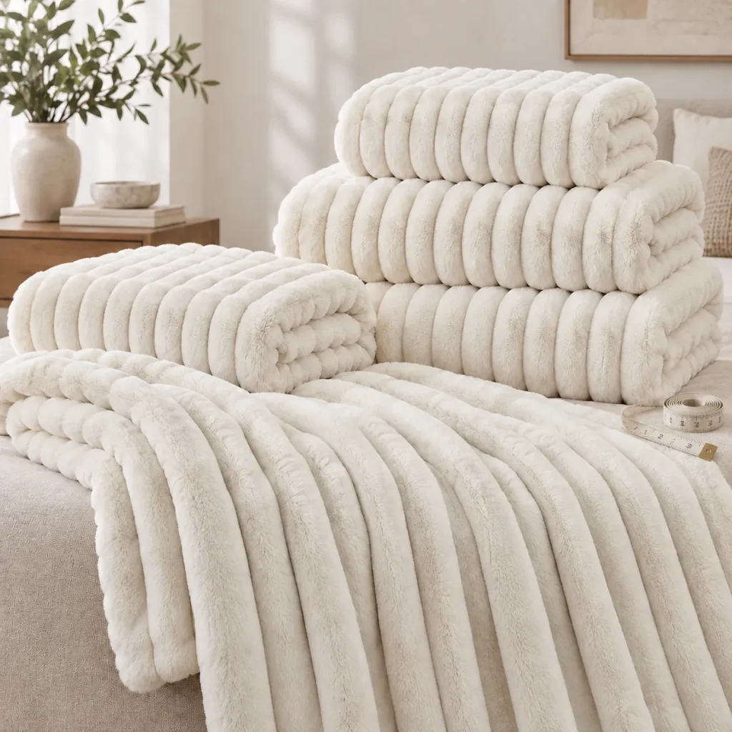 Ribbed faux rabbit fur blanket, stacked bulk display, wholesale plush throw blanket