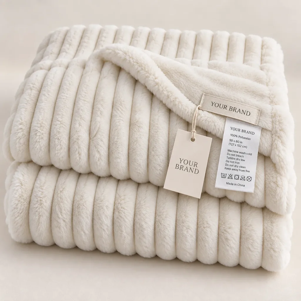Ribbed faux rabbit fur blanket, hang tag and care label, soft cozy home blanket