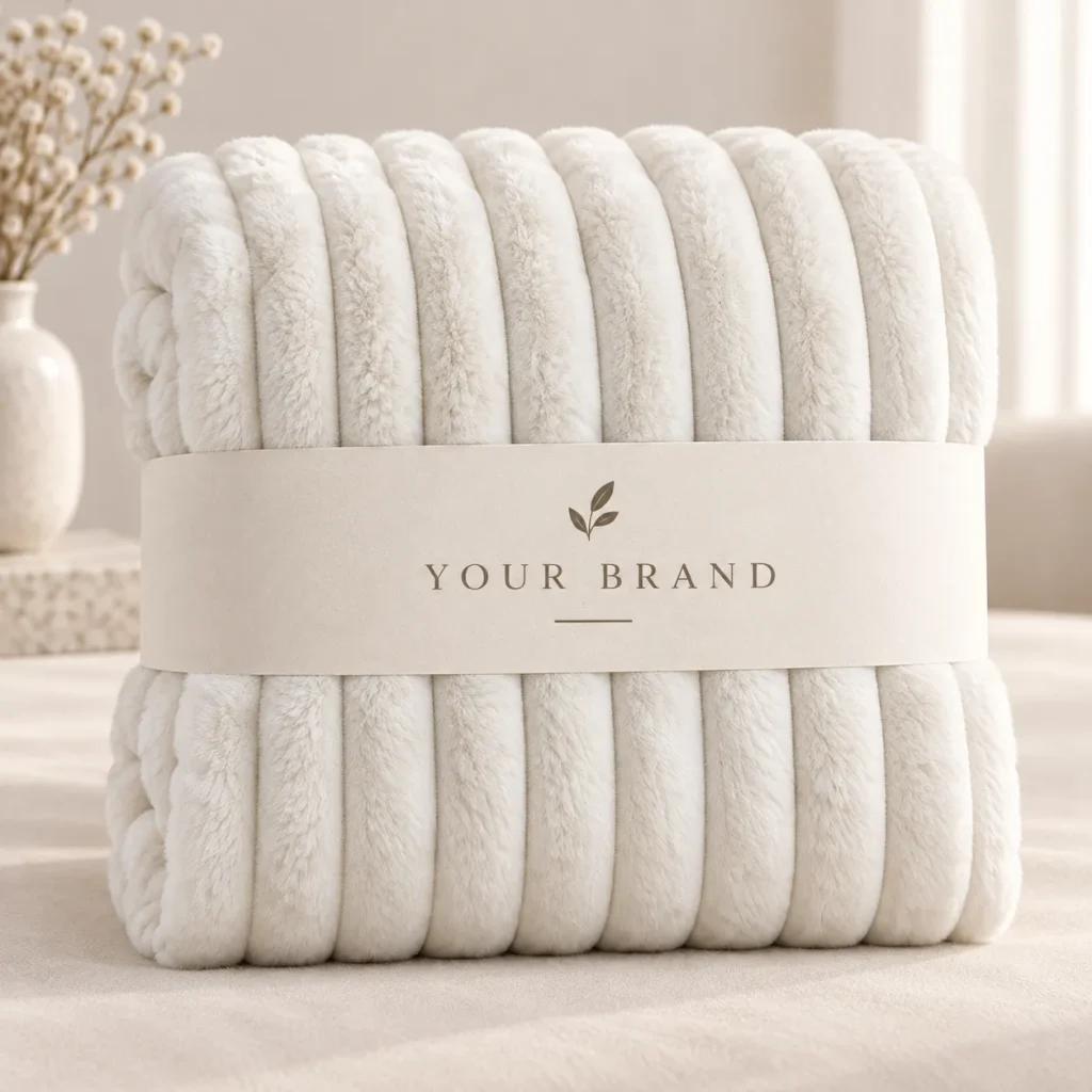 Ribbed faux rabbit fur blanket, paper band wrapped packing, custom branded throw blanket