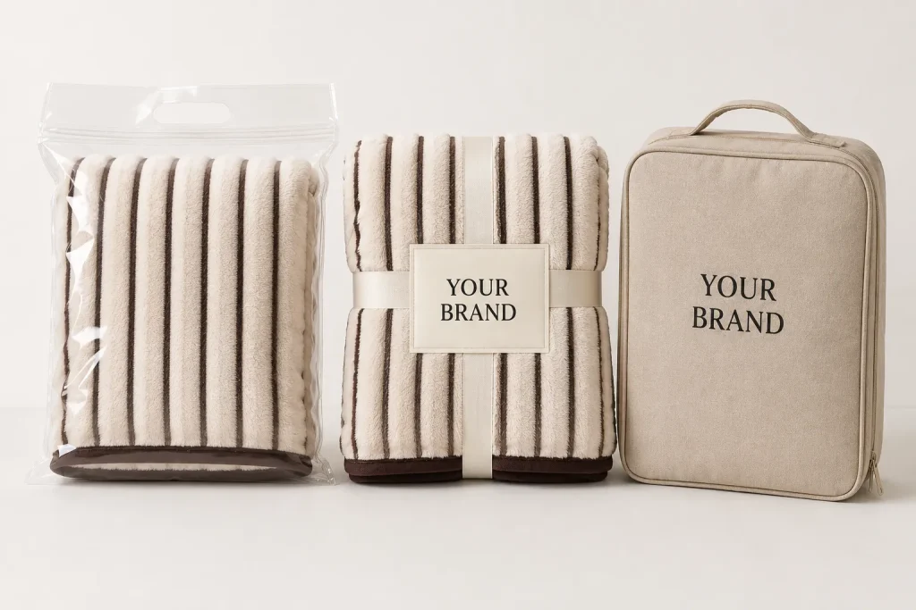 Ribbed flannel fleece blanket, multi‑pack options, customizable retail packaging
