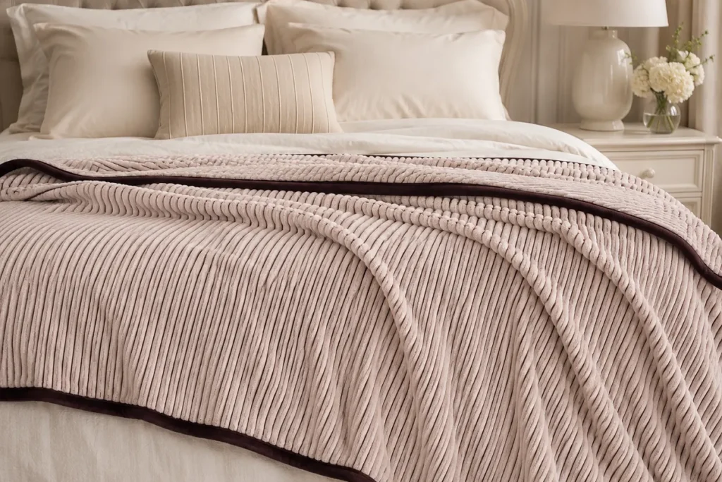 Ribbed flannel fleece blanket, laid on classic bed, elegant bedroom bedding