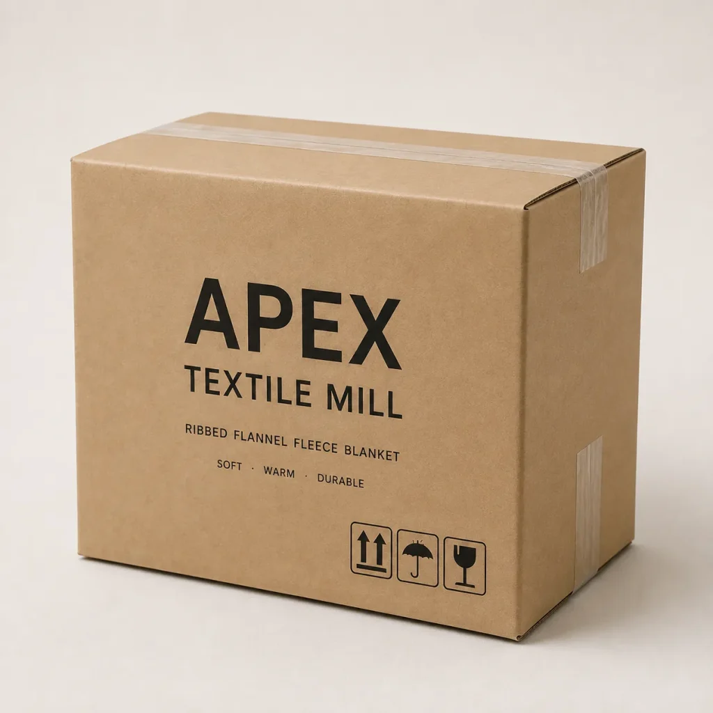 Ribbed flannel fleece blanket, kraft shipping box, wholesale textile packaging