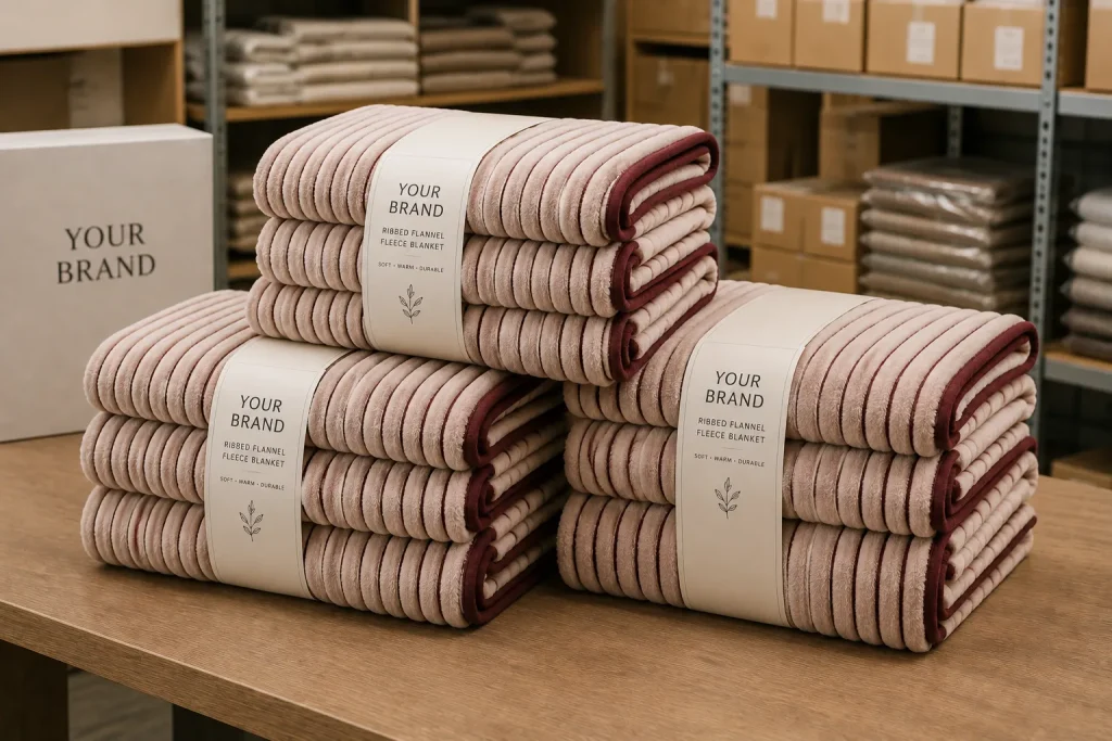 Ribbed flannel fleece blanket, stacked bulk inventory, factory wholesale supply
