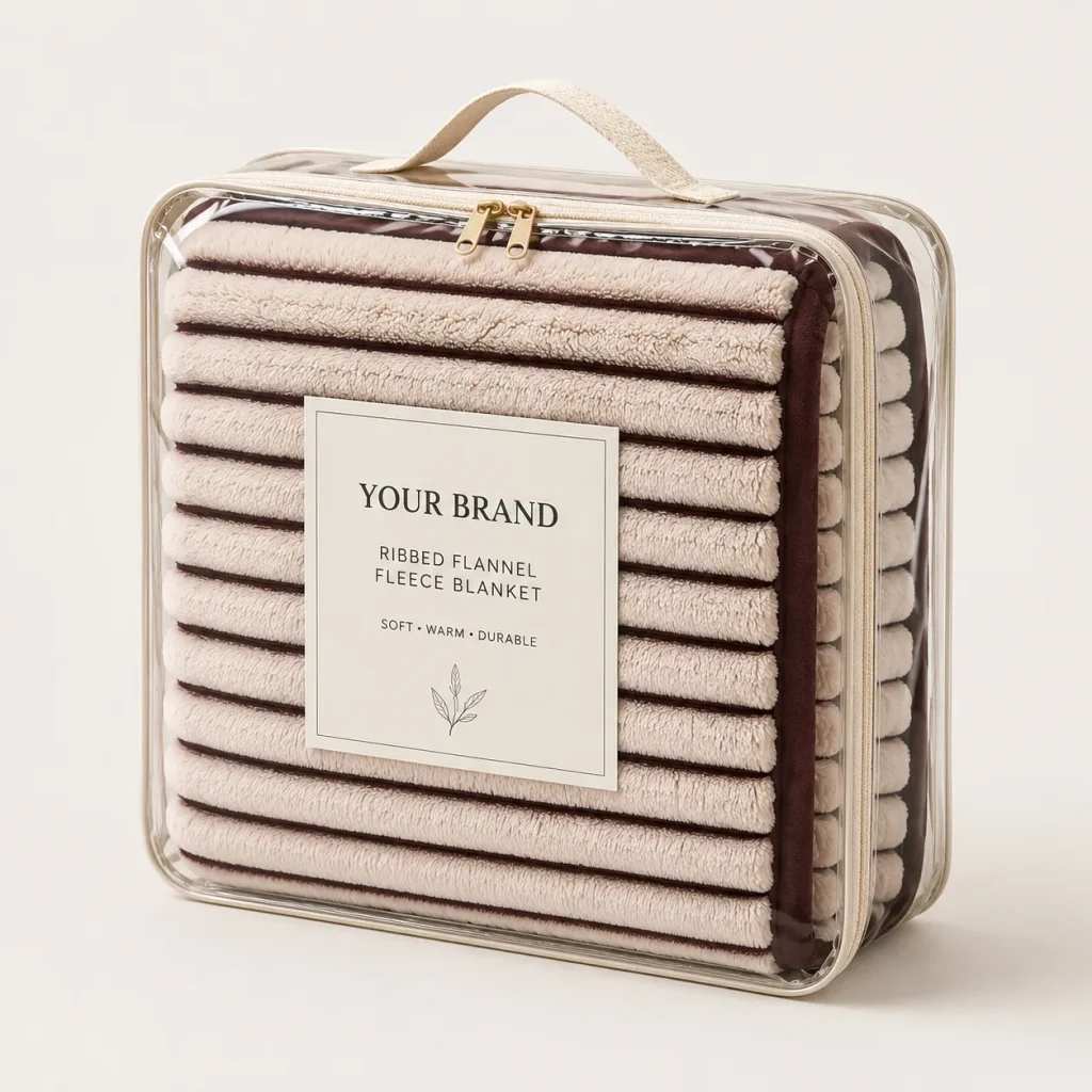 Ribbed flannel fleece blanket, transparent zipper pouch, premium retail package