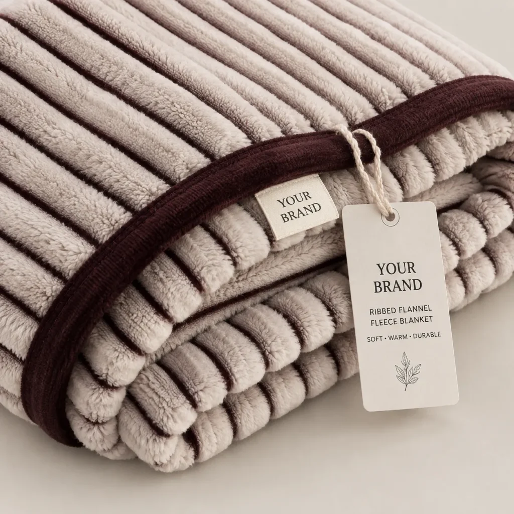 Ribbed flannel fleece blanket, fabric hang tag detail, custom brand label