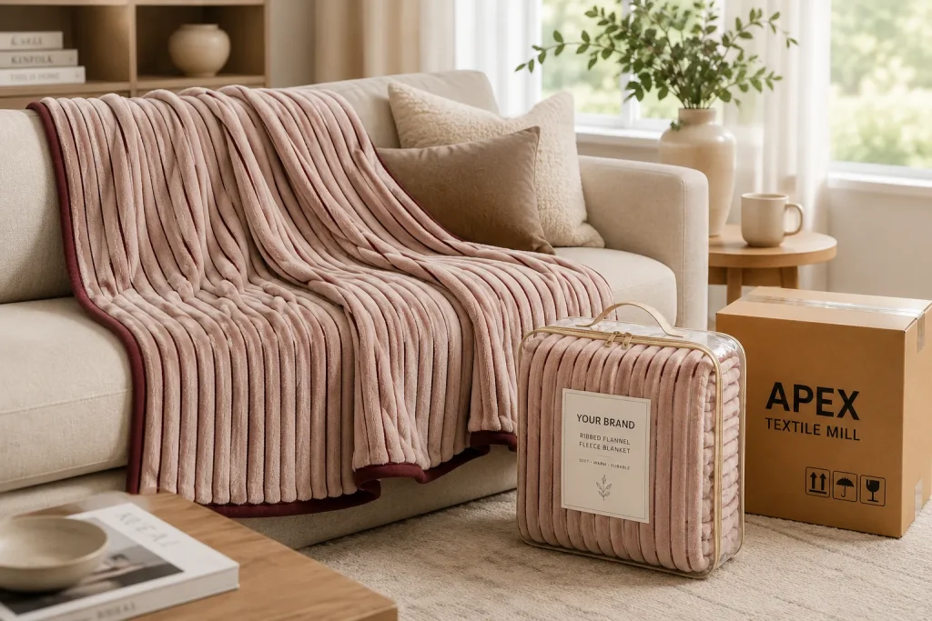 Ribbed flannel fleece blanket, styled living‑room shot, complete packaging display