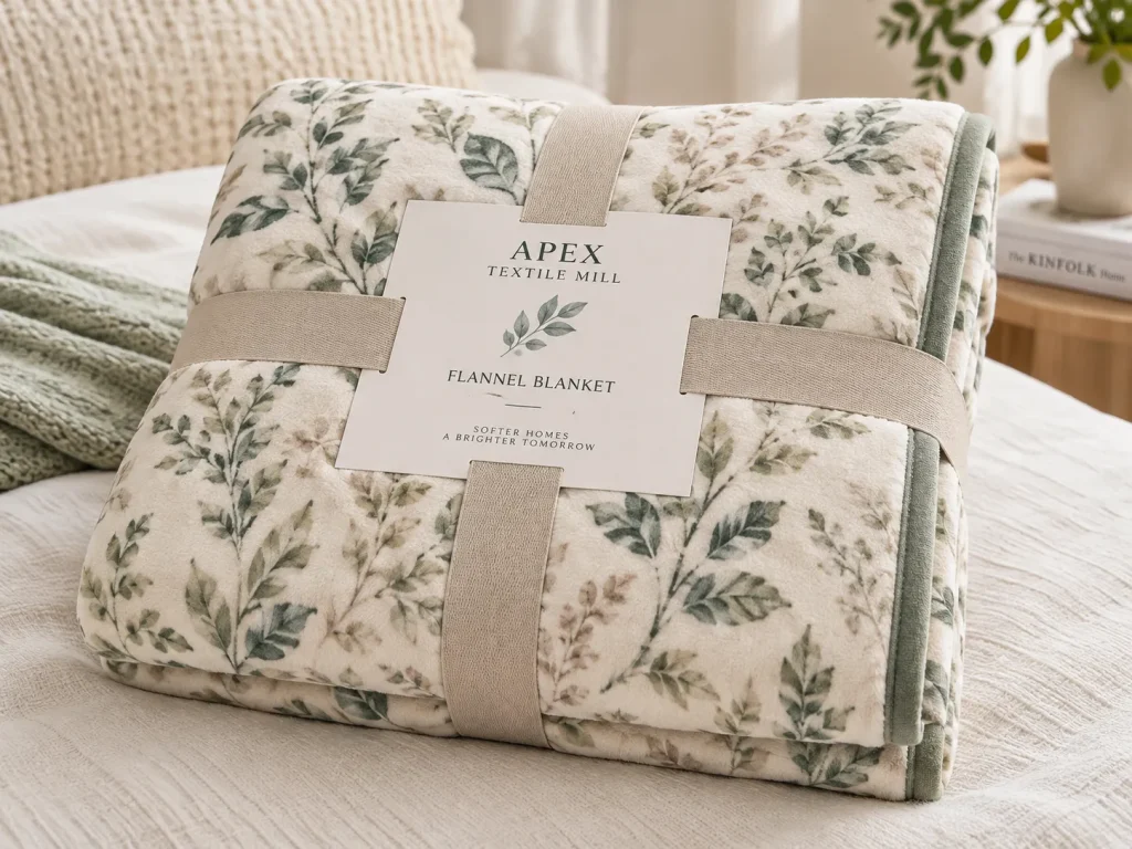 Flannel blanket, folded leaf print blanket on bed, soft cozy home textile