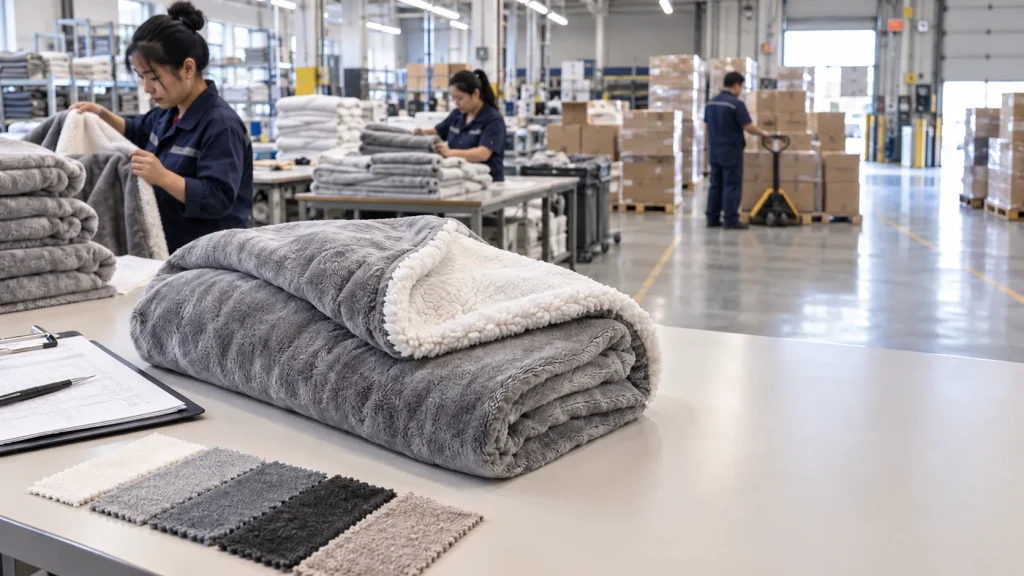 Sherpa fleece blanket inside Chinese manufacturing factory for quality inspection