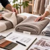 Sherpa fleece throw blanket fabric sample selection, designers comparing three soft plush blanket samples with color swatches for home textile product development
