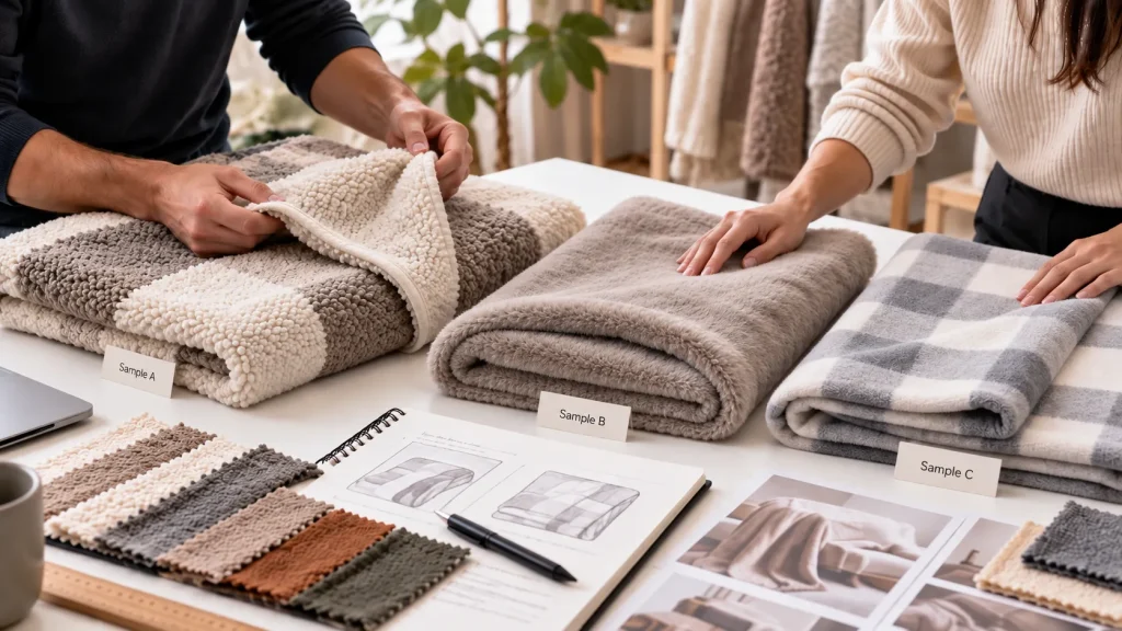 Sherpa fleece throw blanket fabric sample selection, designers comparing three soft plush blanket samples with color swatches for home textile product development