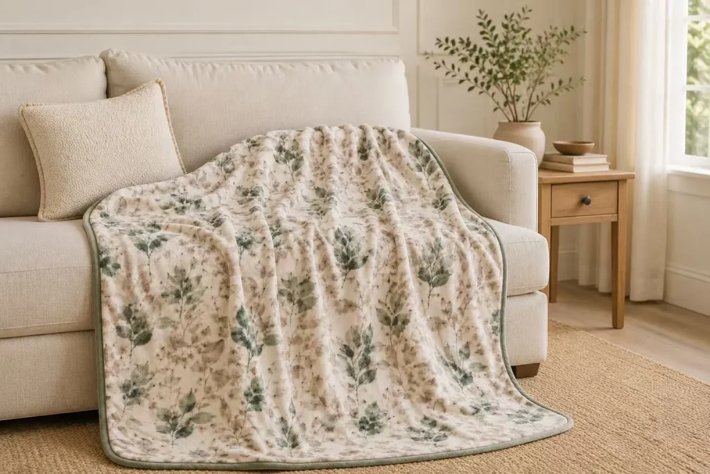 Printed flannel fleece blanket, sofa styling scene, lightweight warm throw