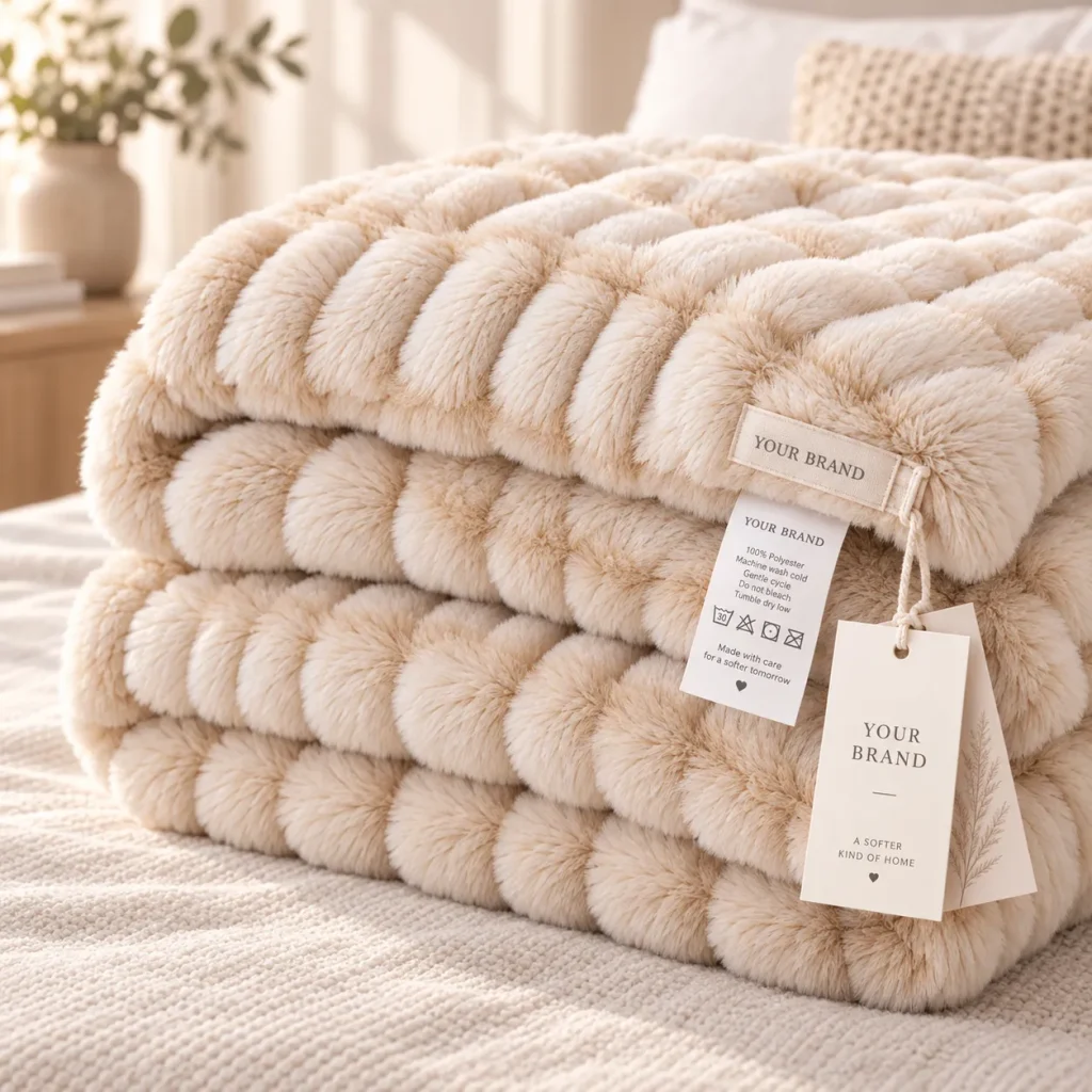 Faux rabbit fur blanket, folded stack close‑up, custom hang tag and woven label detail