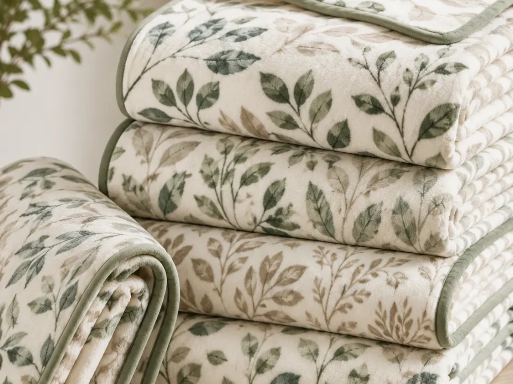 bulk flannel blanket stacked green‑leaf‑printed home textile