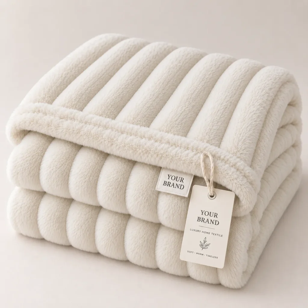 Cream striped faux fur throw blanket, luxury soft home textile for couch bed decor