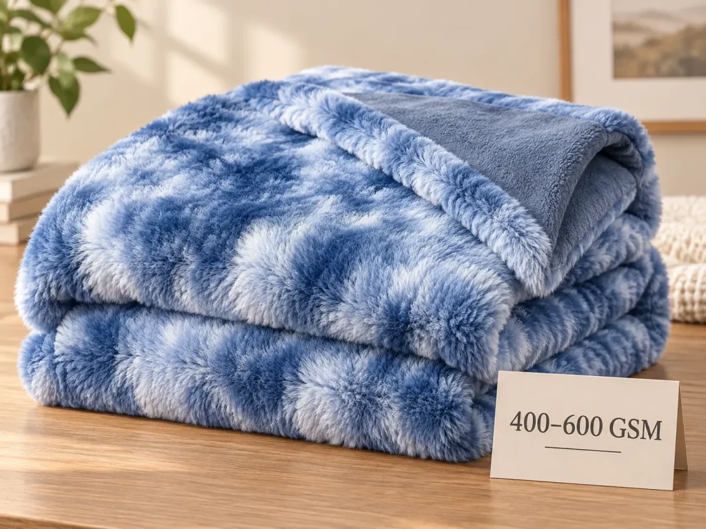Thick stack of tie dye fleece blankets beside a 400-600 GSM fabric weight sign on a wooden table