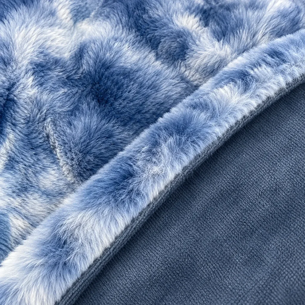 Close-up of blue and white faux rabbit fur blanket edge with neat binding and gray base fabric
