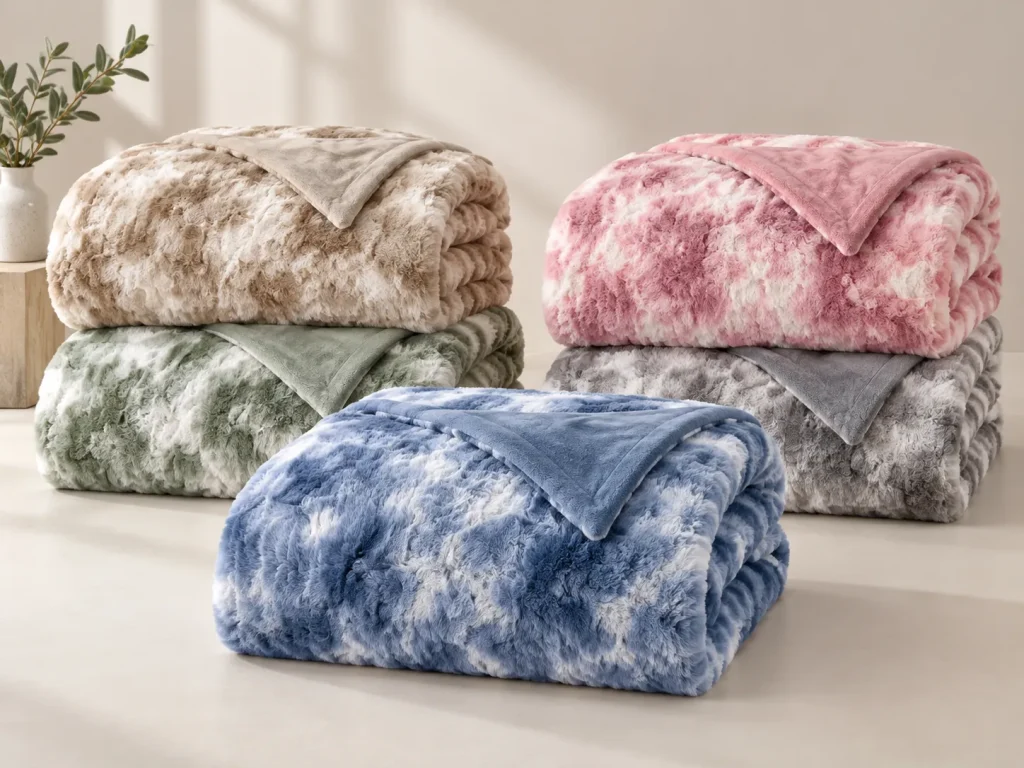 Tie dye fleece blanket collection in five colors: blue, tan, pink, green and gray folded together