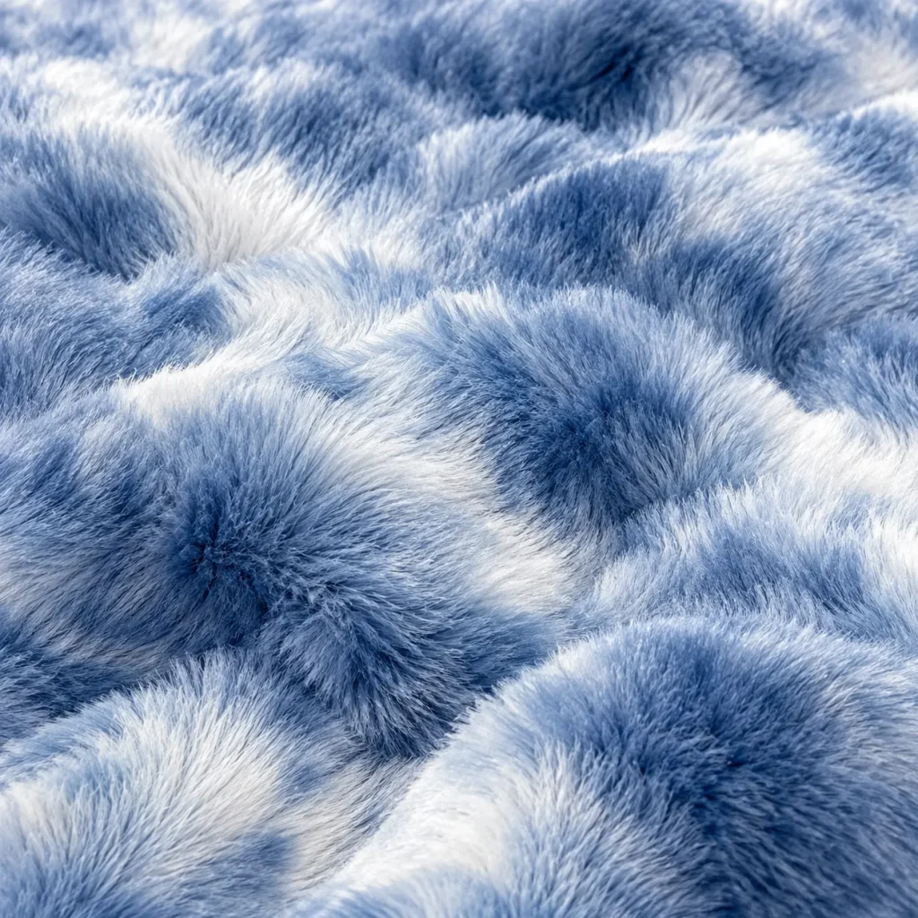 Close-up of ultra soft blue and white tie dye faux fur blanket fabric with fluffy texture