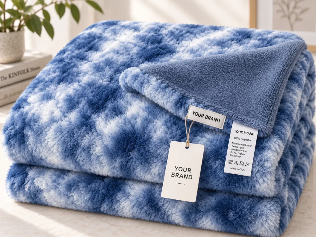 Folded tie dye reversible flannel blanket with brand tag and care label, machine washable 100% polyester