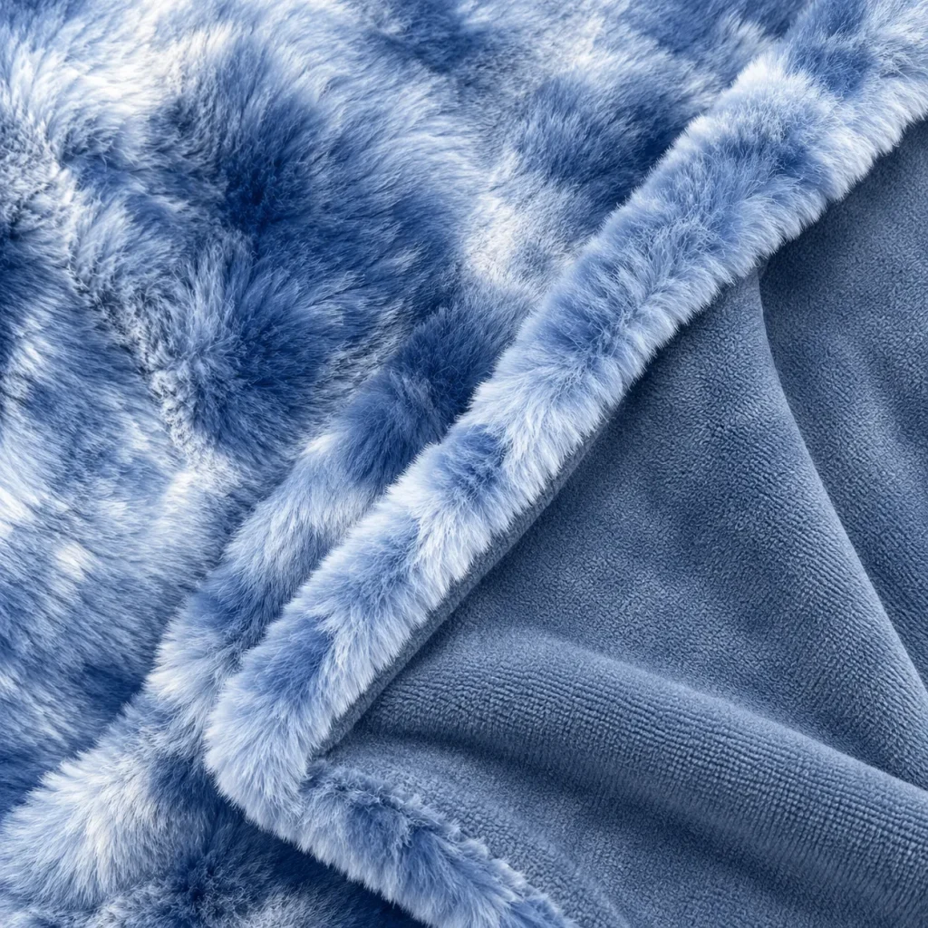 Blue and white reversible fleece blanket fabric detail showing fluffy faux fur and short fleece sides