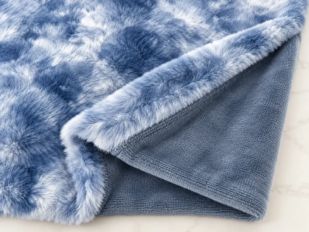 Blue tie‑dye faux fur reversible blanket, folded detail shot, premium warm home textile